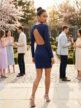 H&M Divided Navy Blue Glitter Fan Pattern Bodycon Mini sz6 EUC